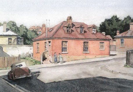 Vintage photo of Montpelier Retreat, a photo of a brick workers cottage with two ladies sitting out front circa early 20th century. 