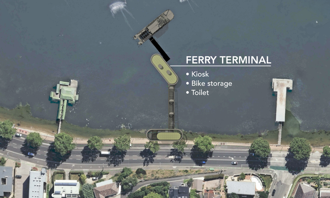 Top down view of proposed sandy bay ferry terminal with indication of where bike racks and seating might be