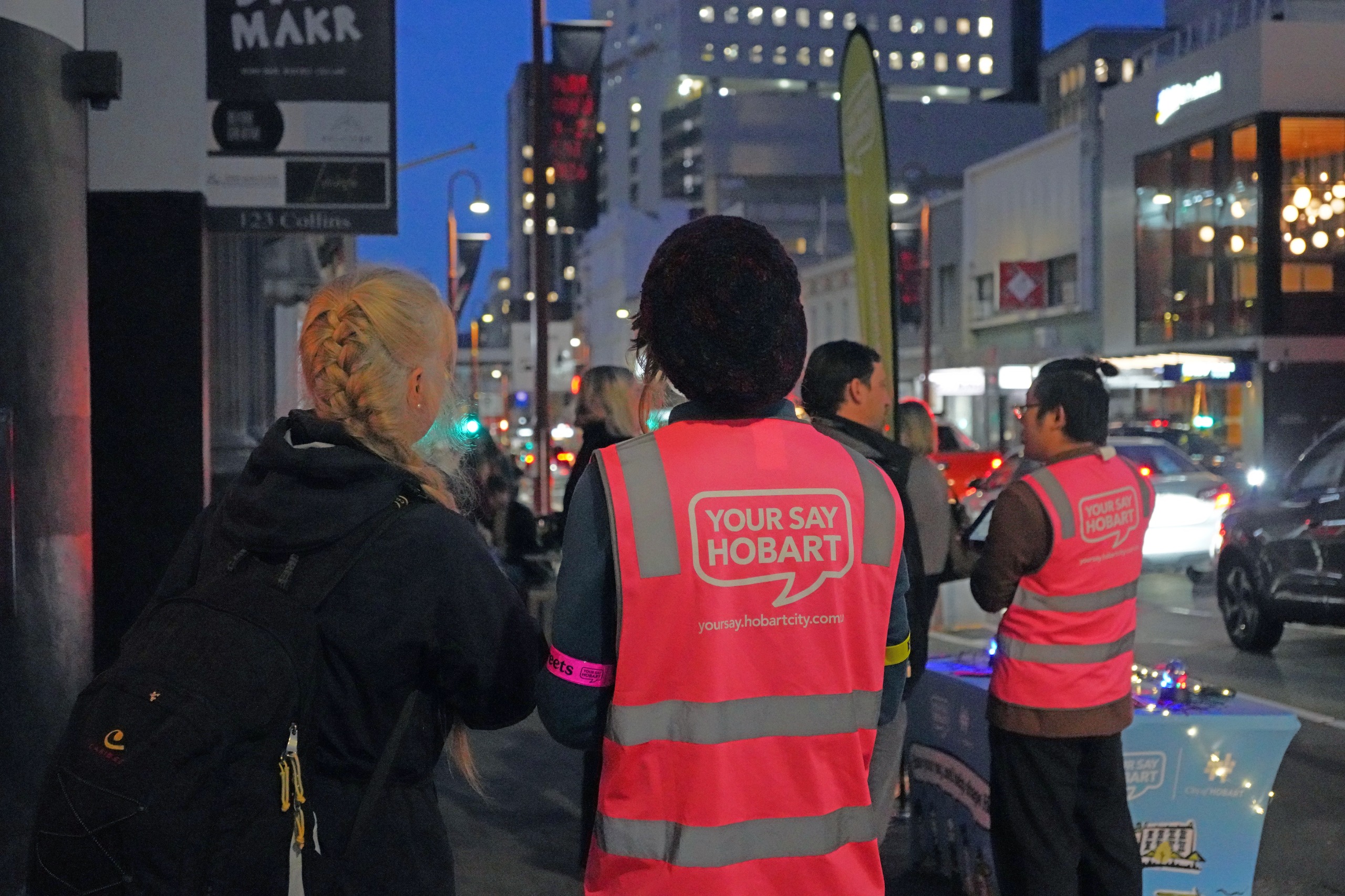 City of Hobart community engagement staff talking to people on Collins Street